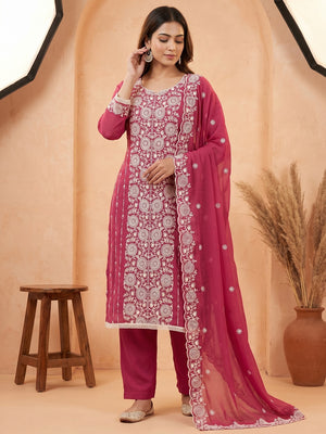 Elegant Pink Georgette Embroidered Unstitched Suit Material - Image 2