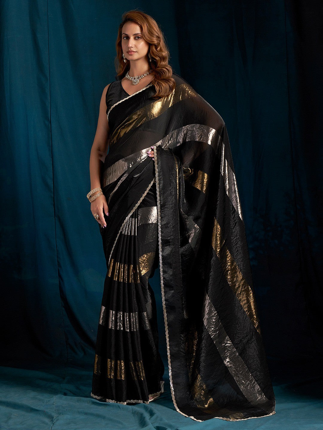 Elegant Black Satin Silk Saree Featuring Striped Foil Printed Design & Stone Work Border - Image 1