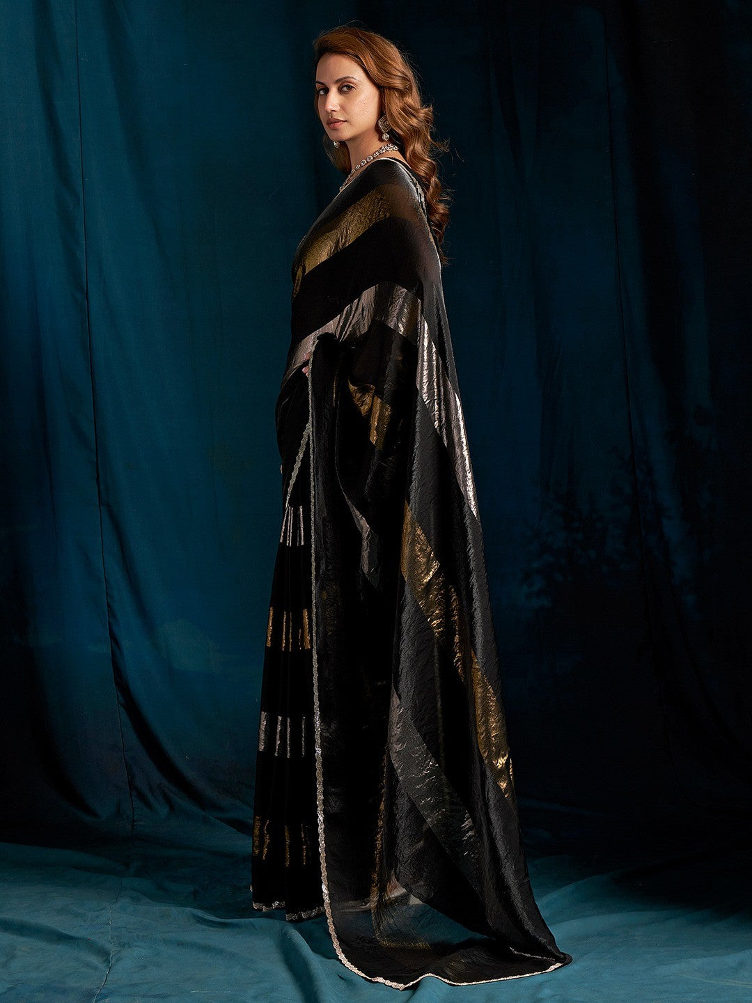 Elegant Black Satin Silk Saree Featuring Striped Foil Printed Design & Stone Work Border - Image 5