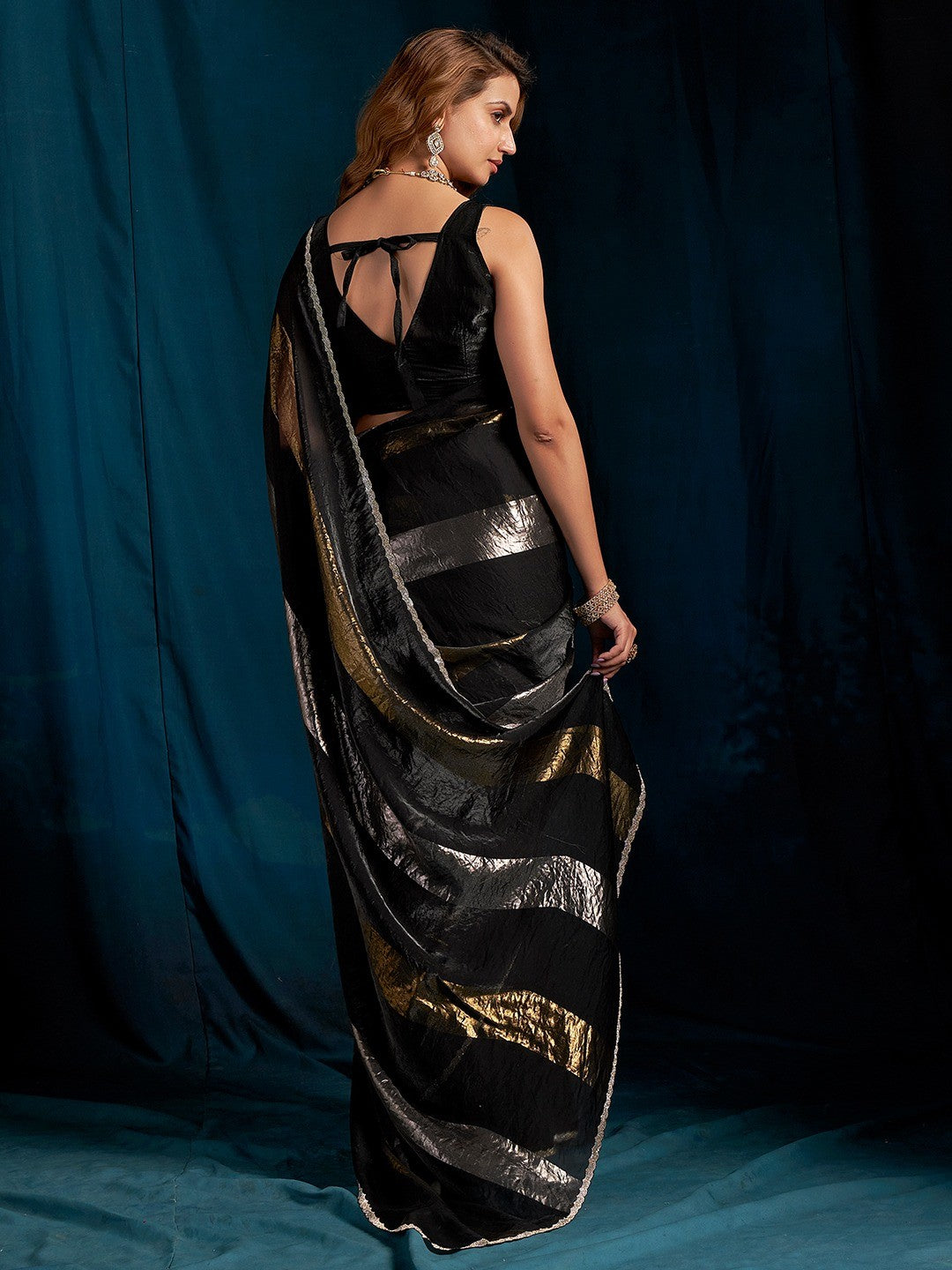 Elegant Black Satin Silk Saree Featuring Striped Foil Printed Design & Stone Work Border - Image 4