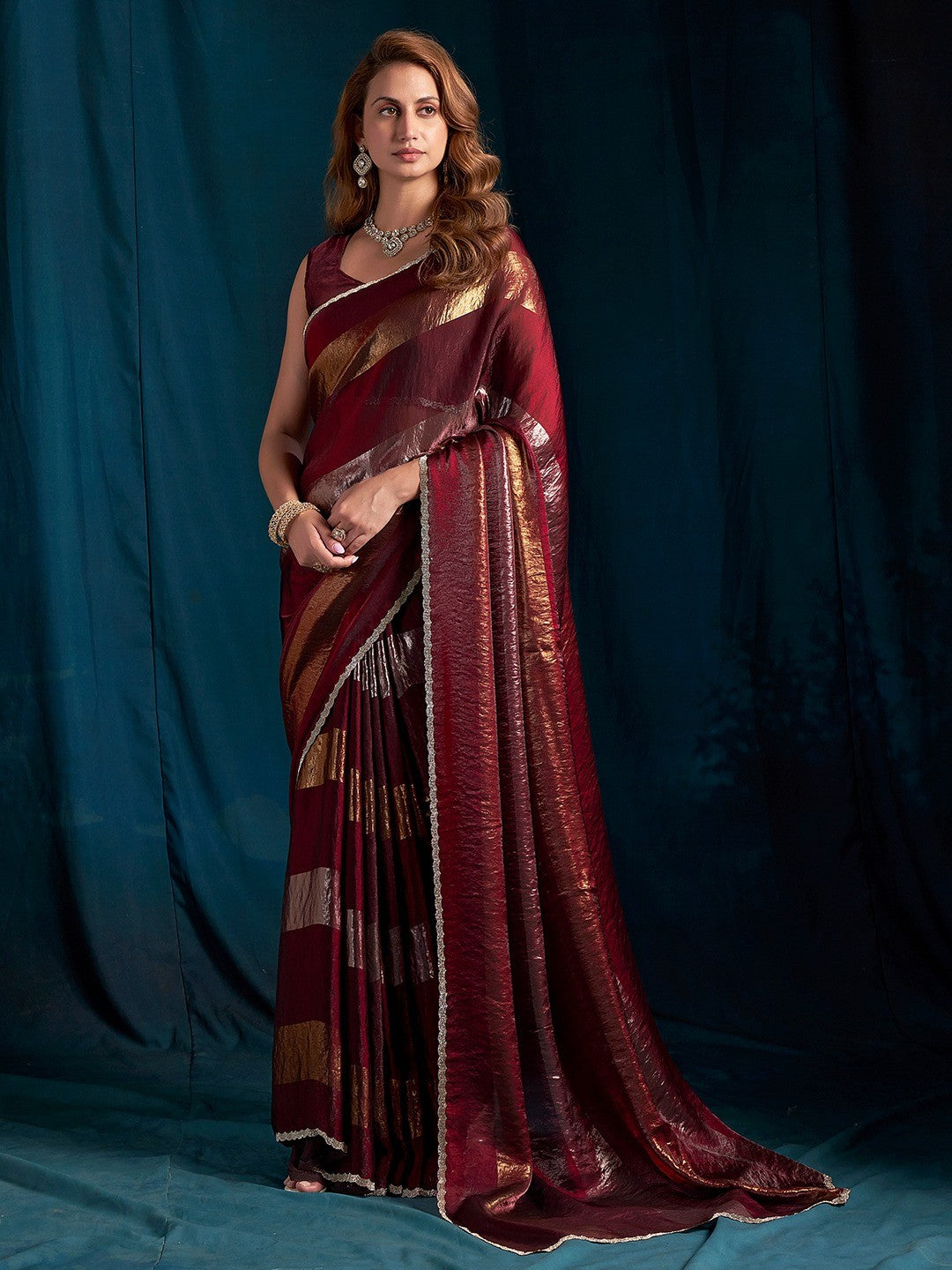 Elegant Maroon Satin Silk Saree Featuring Striped Foil Printed Design & Stone Work Border - Image 1