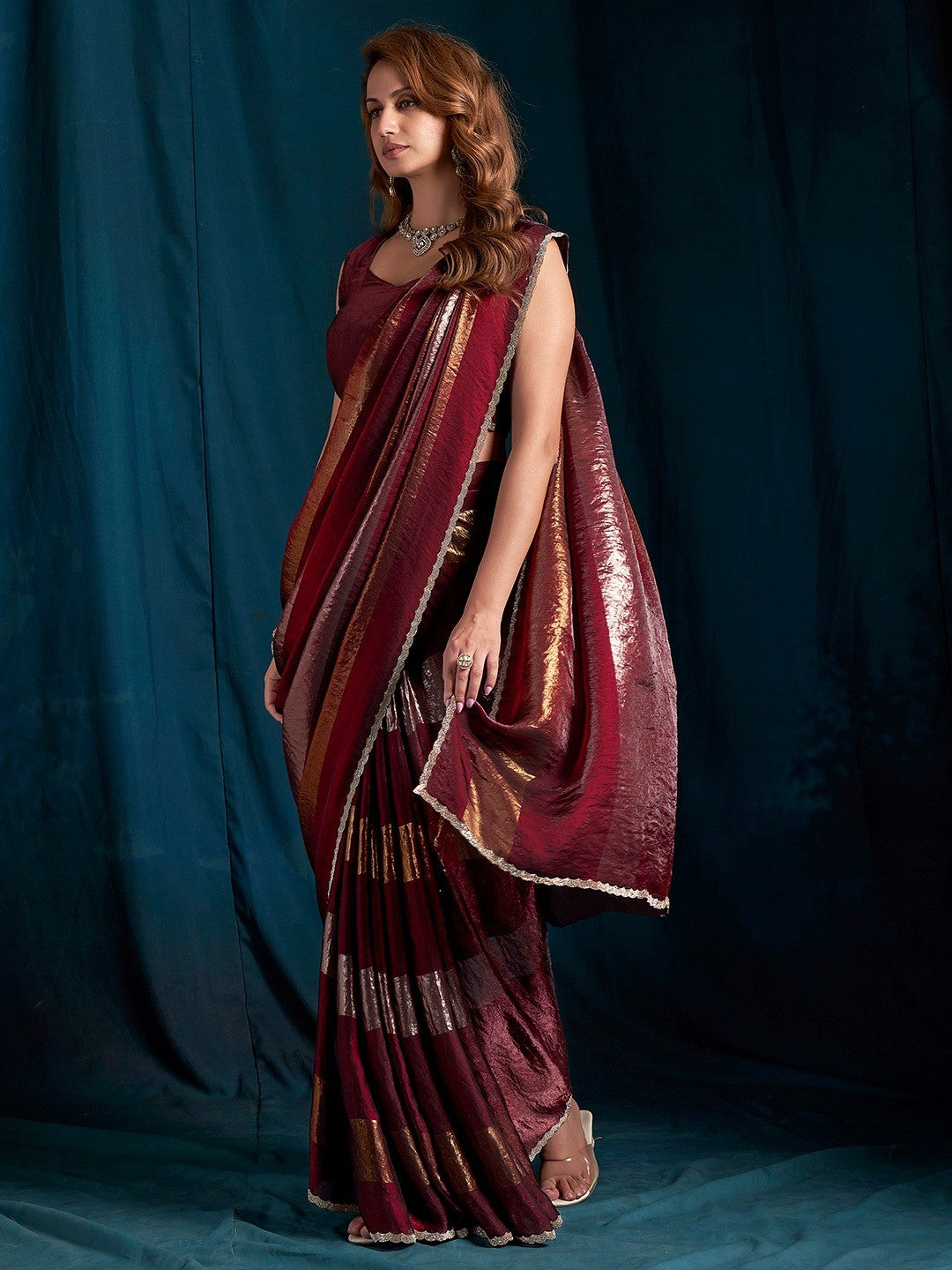 Elegant Maroon Satin Silk Saree Featuring Striped Foil Printed Design & Stone Work Border - Image 6