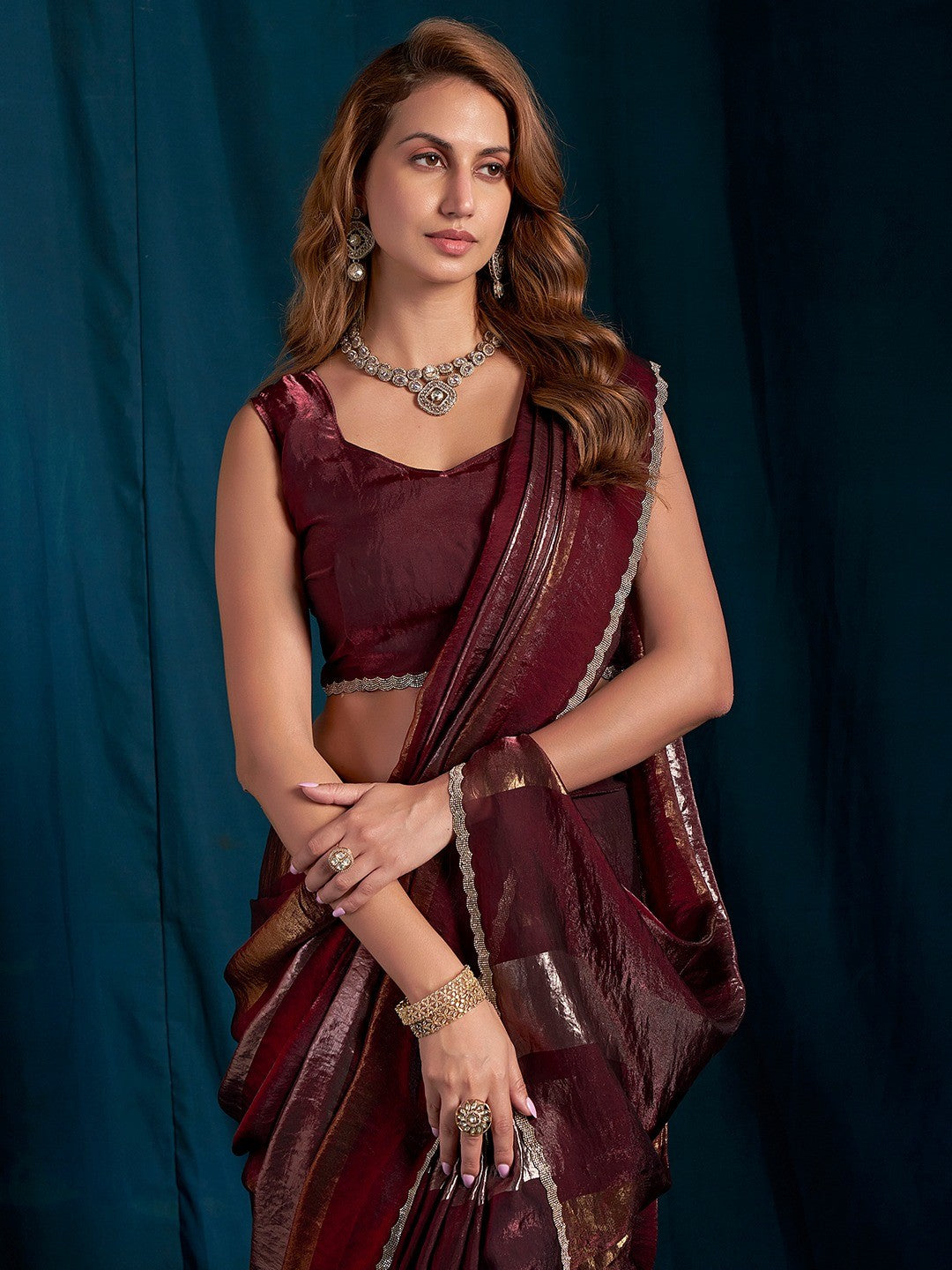 Elegant Maroon Satin Silk Saree Featuring Striped Foil Printed Design & Stone Work Border - Image 2