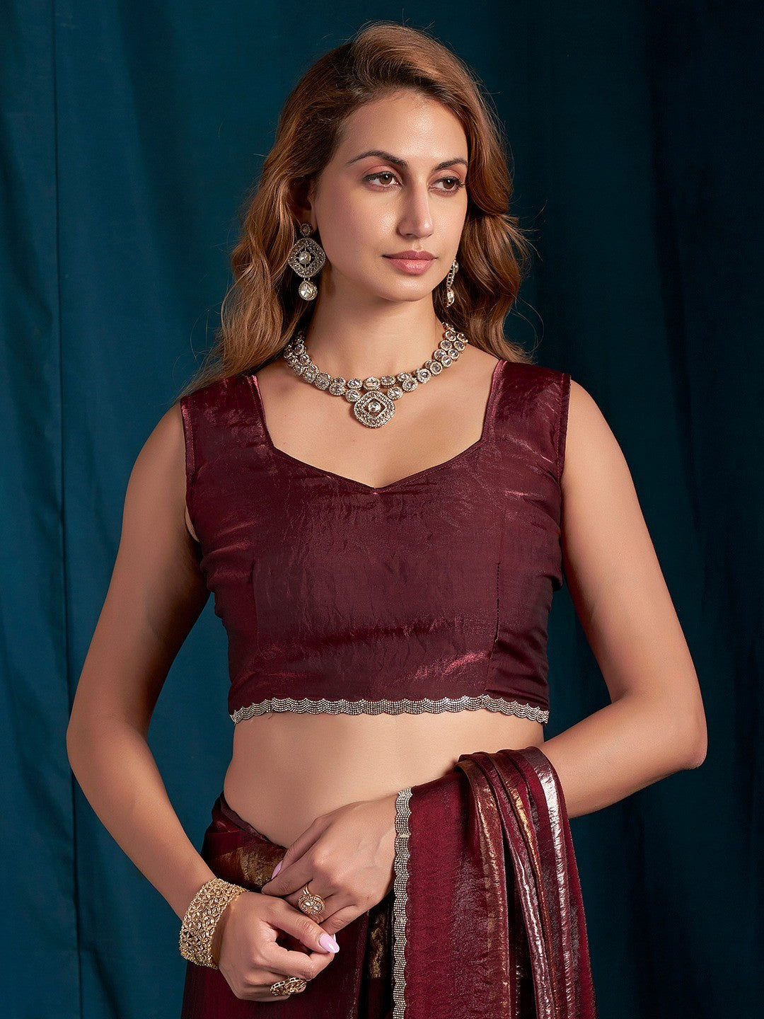 Elegant Maroon Satin Silk Saree Featuring Striped Foil Printed Design & Stone Work Border - Image 5