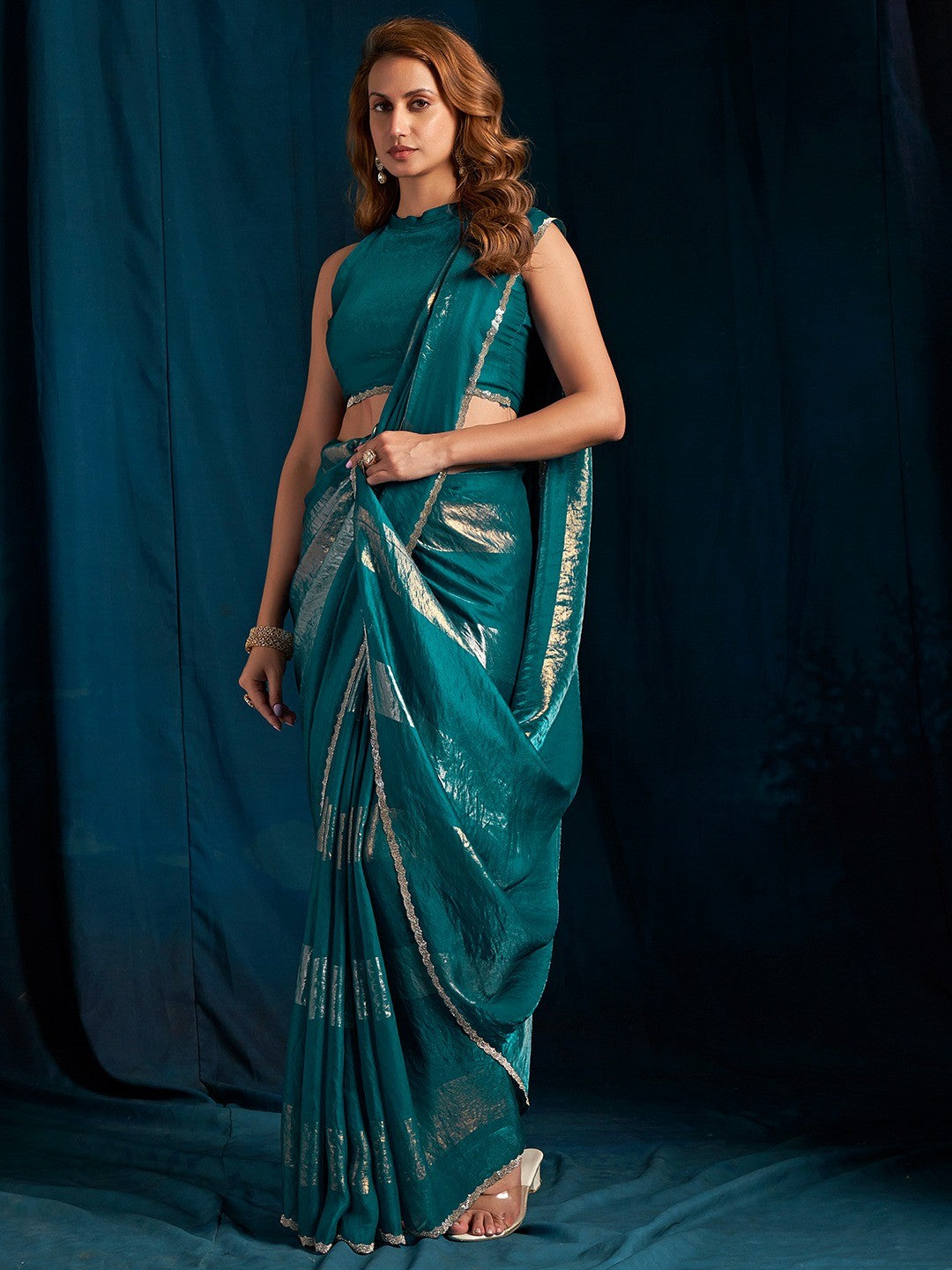 Elegant Teal Satin Silk Saree Featuring Striped Foil Printed Design & Stone Work Border - Image 2