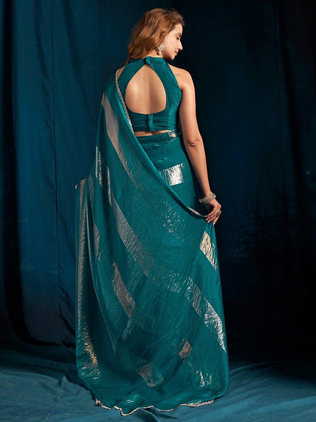 Elegant Teal Satin Silk Saree Featuring Striped Foil Printed Design & Stone Work Border - Image 6