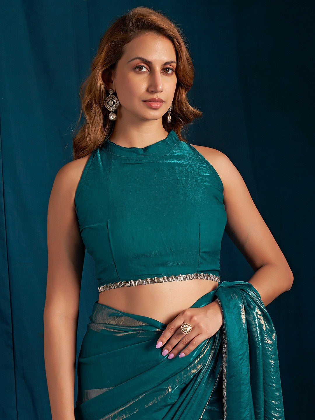 Elegant Teal Satin Silk Saree Featuring Striped Foil Printed Design & Stone Work Border - Image 5