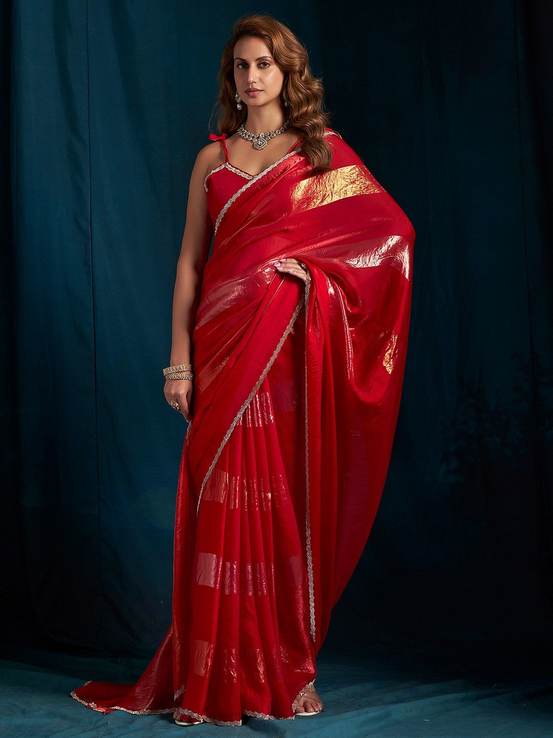Elegant Red Satin Silk Saree Featuring Striped Foil Printed Design & Stone Work Border - Image 1