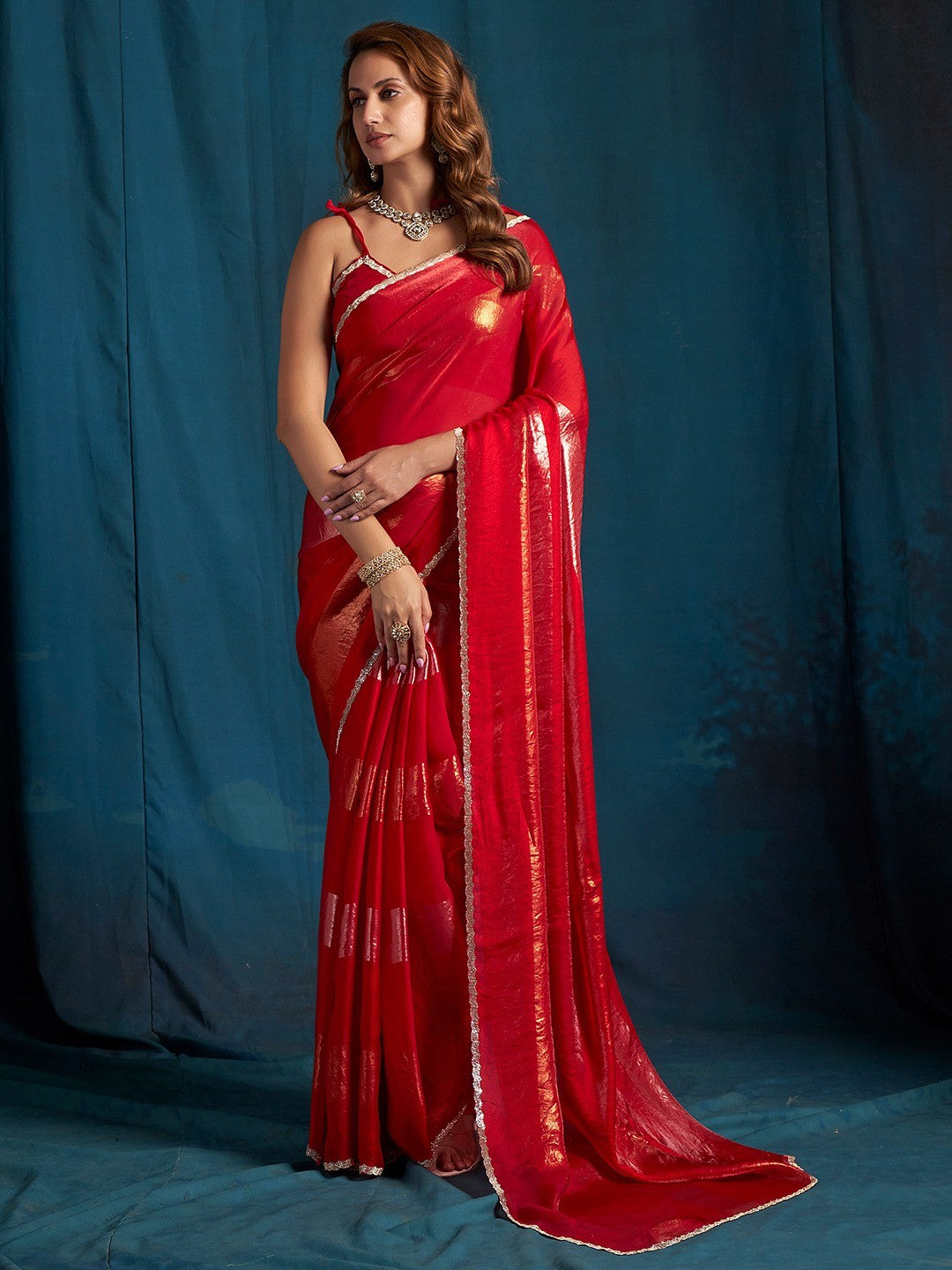 Elegant Red Satin Silk Saree Featuring Striped Foil Printed Design & Stone Work Border - Image 6
