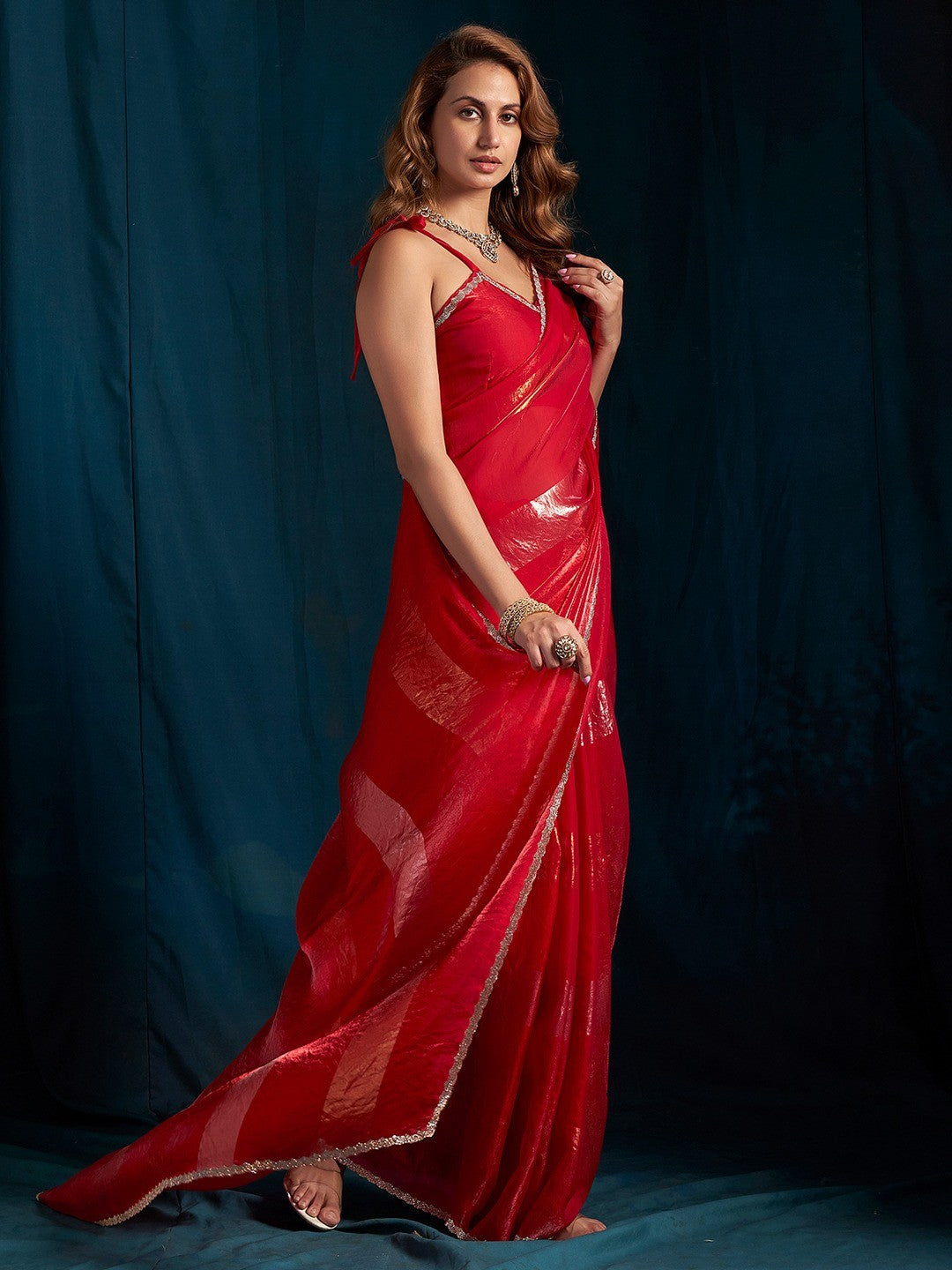 Elegant Red Satin Silk Saree Featuring Striped Foil Printed Design & Stone Work Border - Image 4