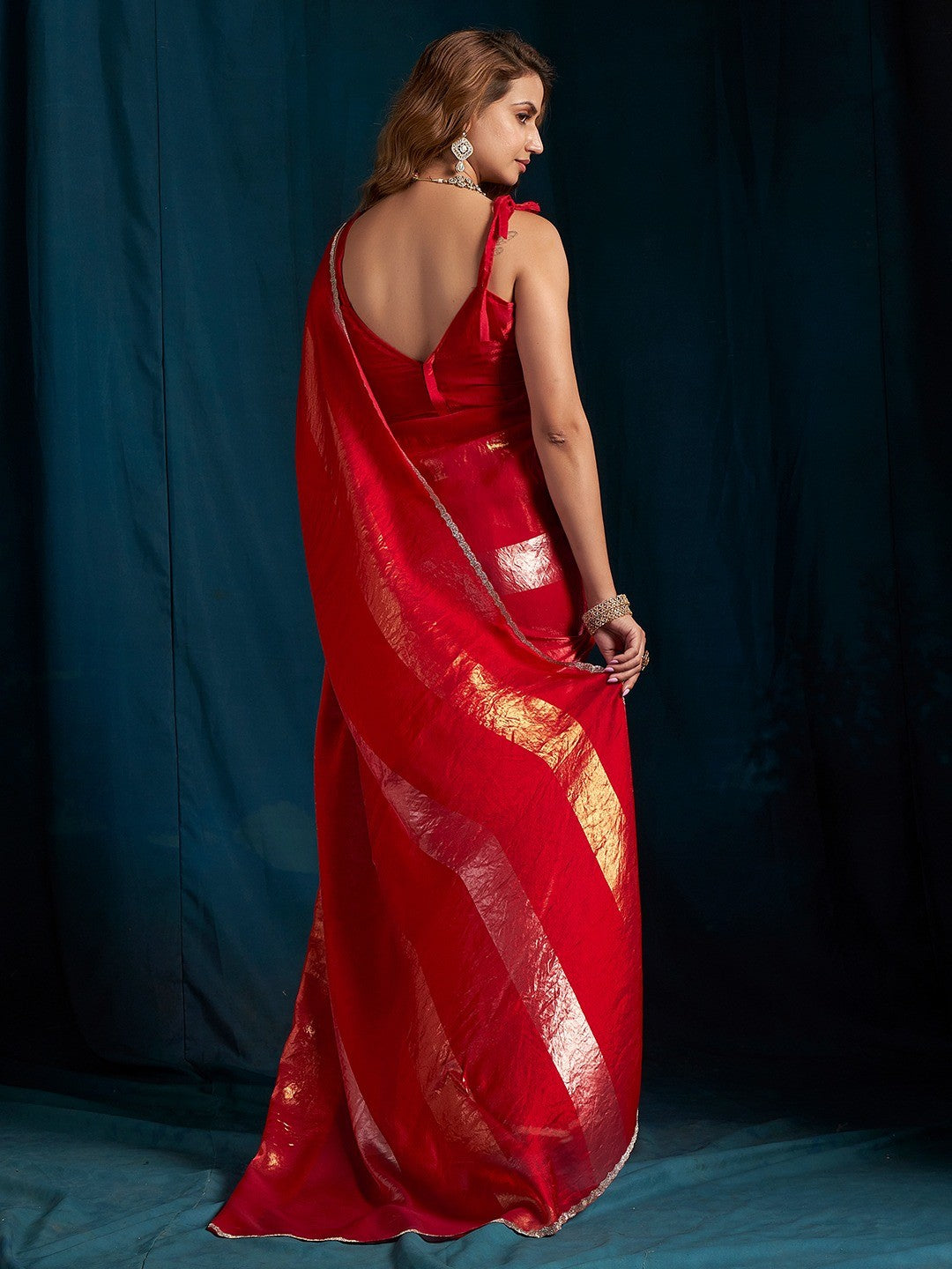 Elegant Red Satin Silk Saree Featuring Striped Foil Printed Design & Stone Work Border - Image 2