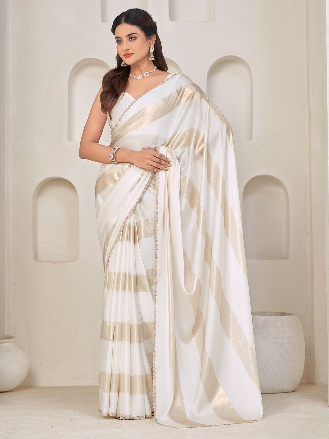 Elegant White Satin Silk Saree Featuring Striped Foil Printed Design & Stone Work Border - Image 5