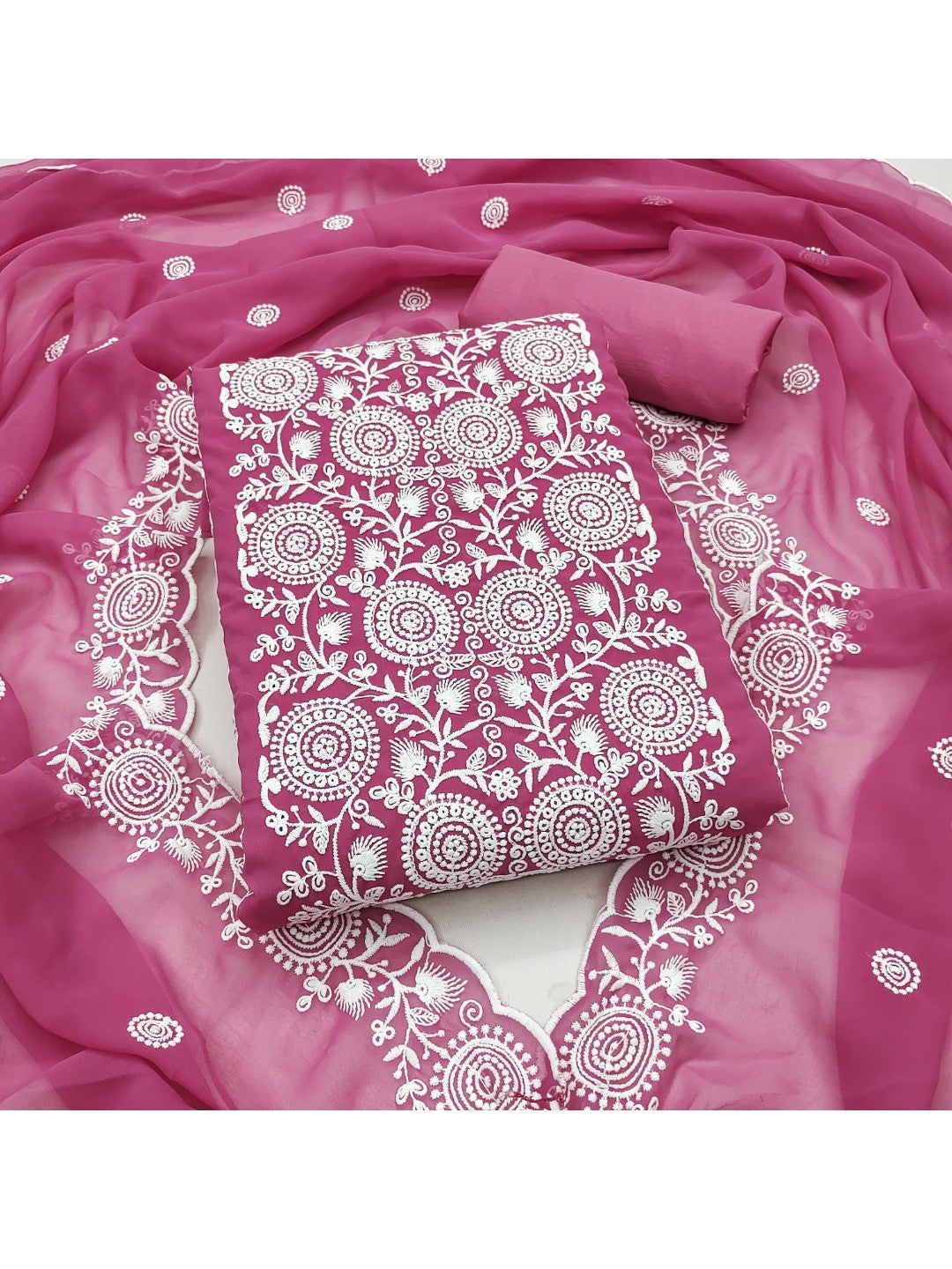 Elegant Pink Georgette Embroidered Unstitched Suit Material - Image 1