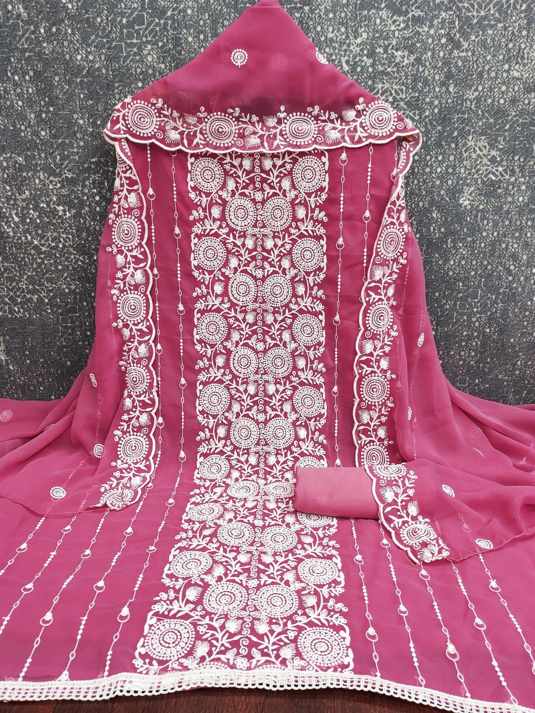 Elegant Pink Georgette Embroidered Unstitched Suit Material - Image 3