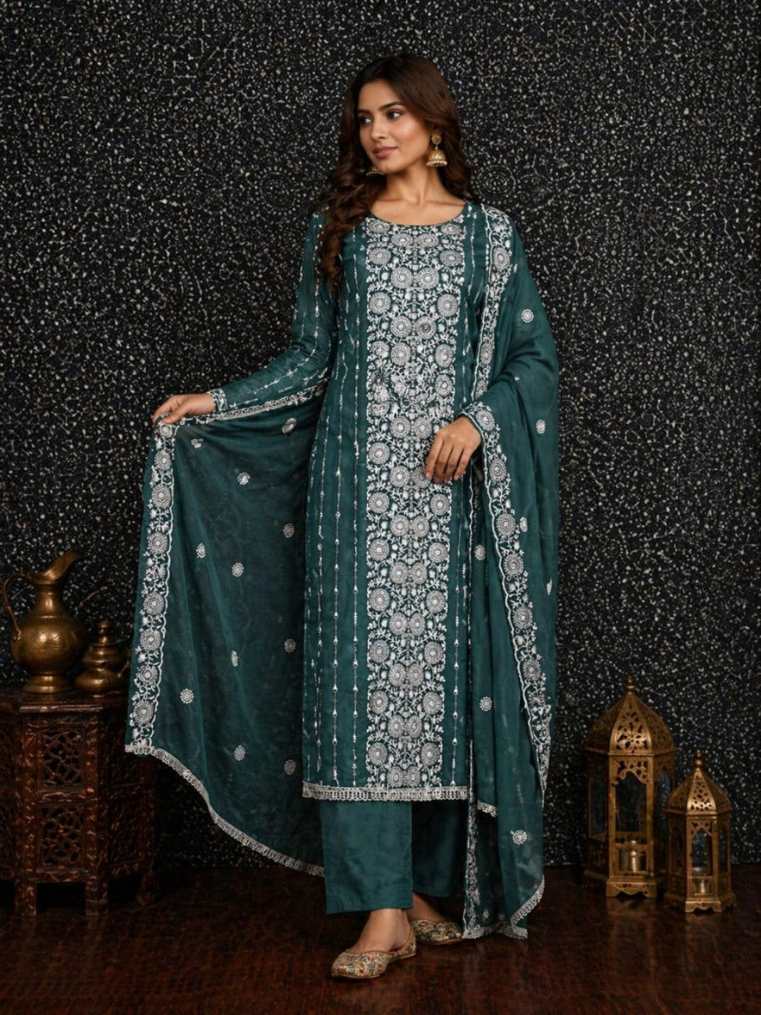 Elegant Teal Georgette Embroidered Unstitched Suit Material - Image 2