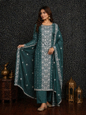 Elegant Teal Georgette Embroidered Unstitched Suit Material - Image 2