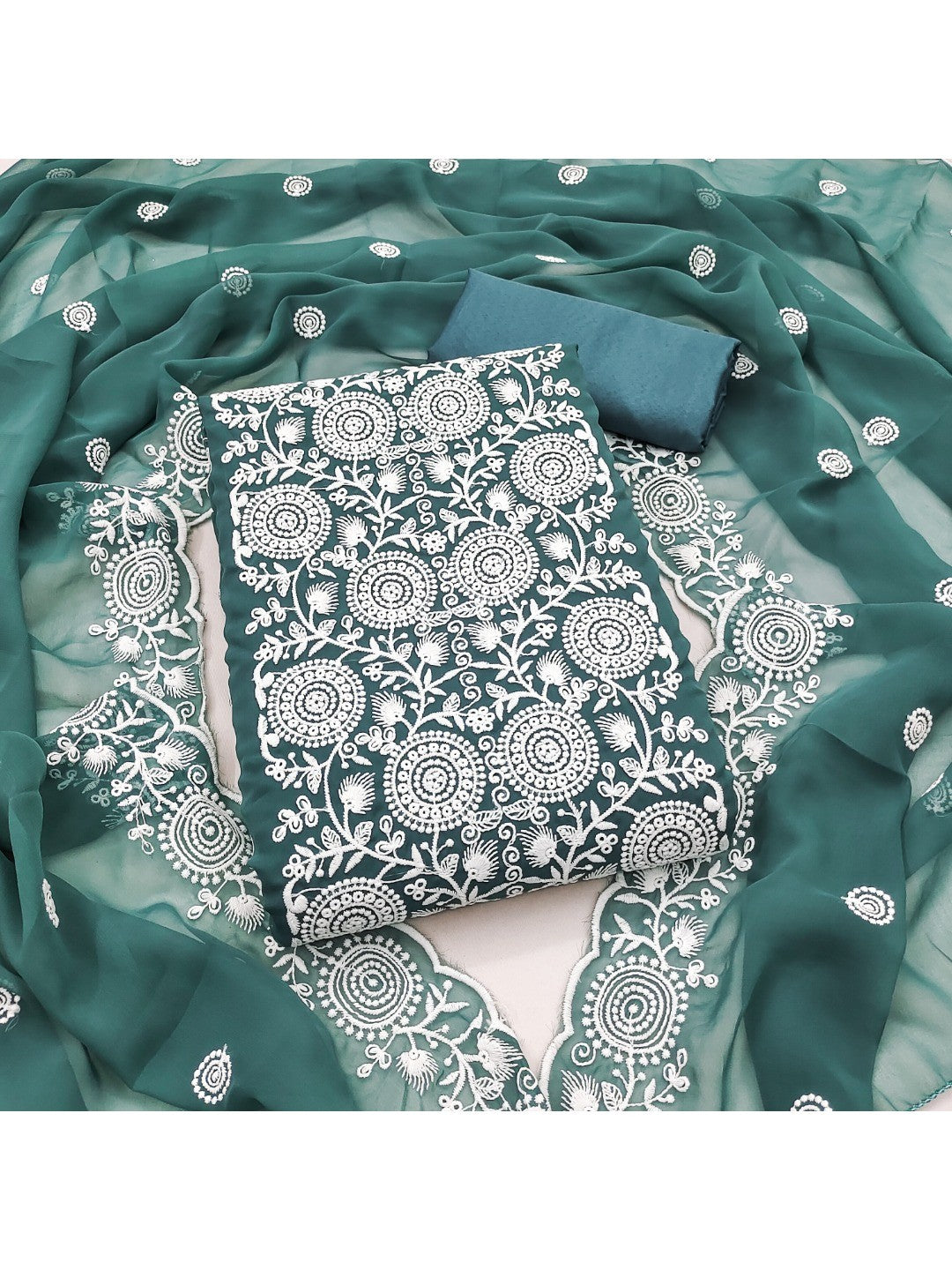 Elegant Teal Georgette Embroidered Unstitched Suit Material - Image 1