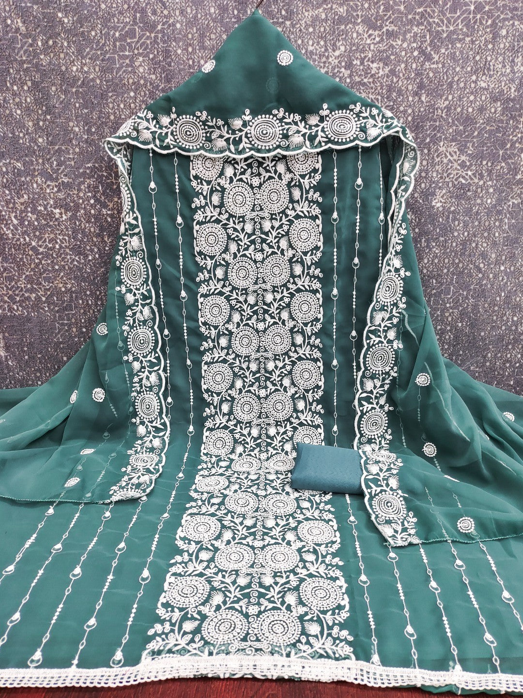 Elegant Teal Georgette Embroidered Unstitched Suit Material - Image 3