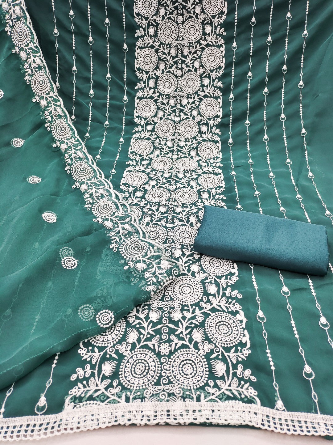 Elegant Teal Georgette Embroidered Unstitched Suit Material - Image 4