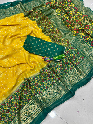 Exclusive Yellow Georgette Bandhani Print Saree with Zari Work - Image 2
