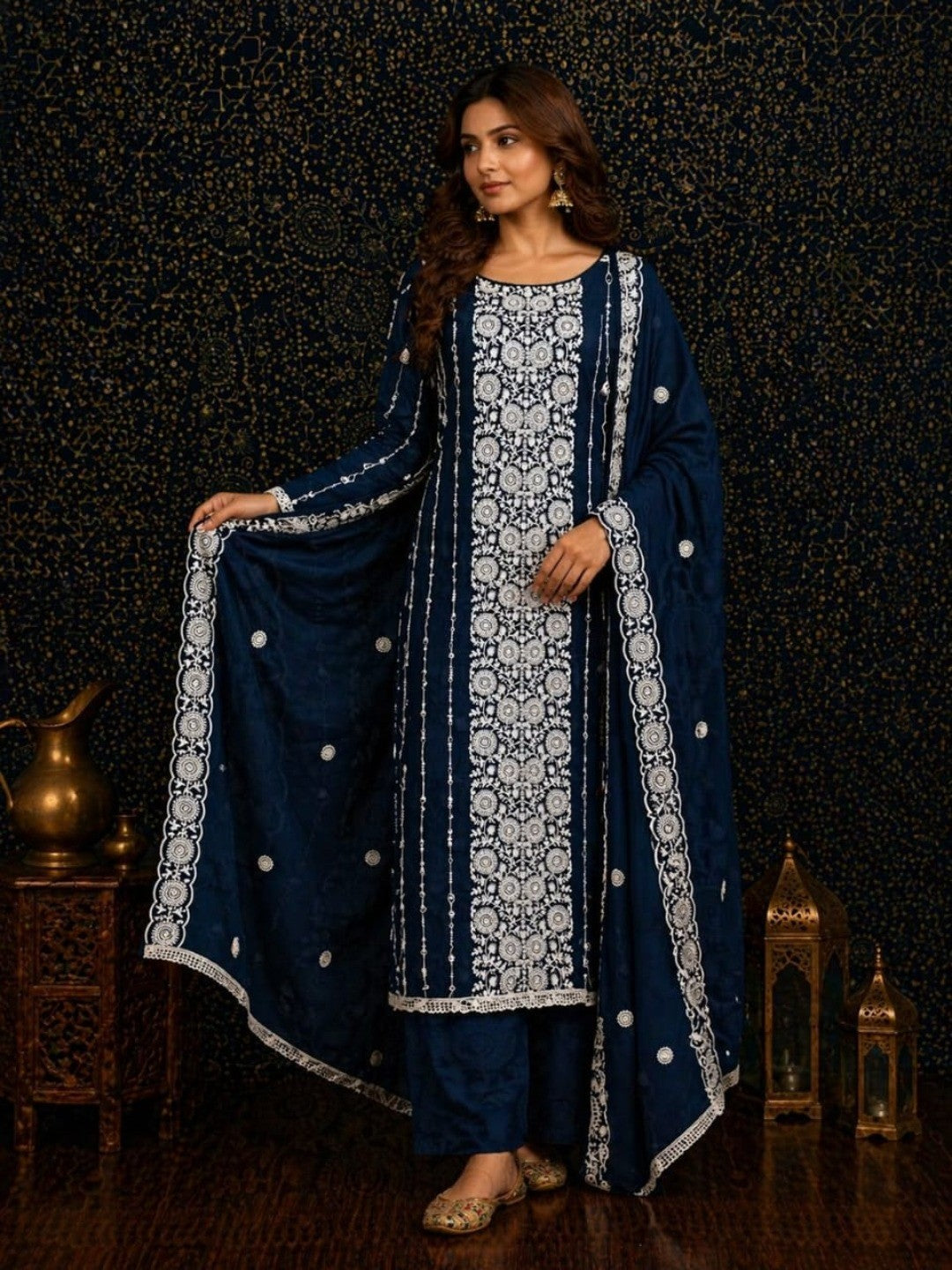 Elegant Blue Georgette Embroidered Unstitched Suit Material - Image 2