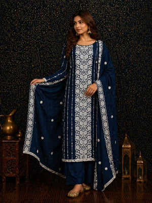 Elegant Blue Georgette Embroidered Unstitched Suit Material - Image 2