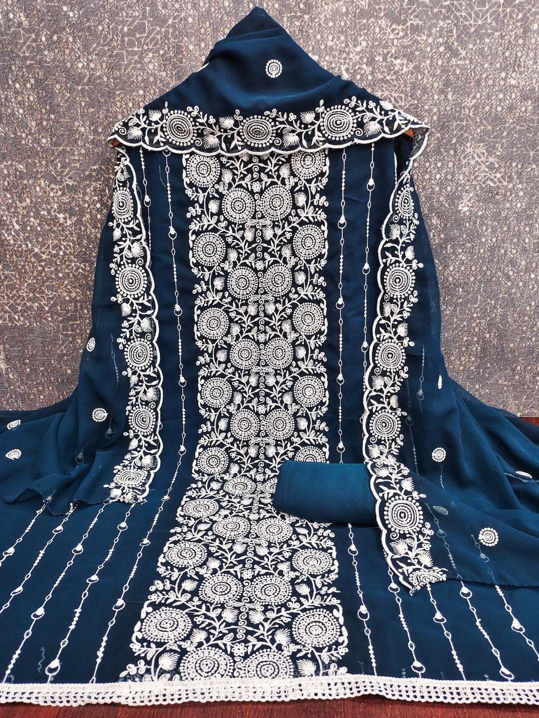 Elegant Blue Georgette Embroidered Unstitched Suit Material - Image 3