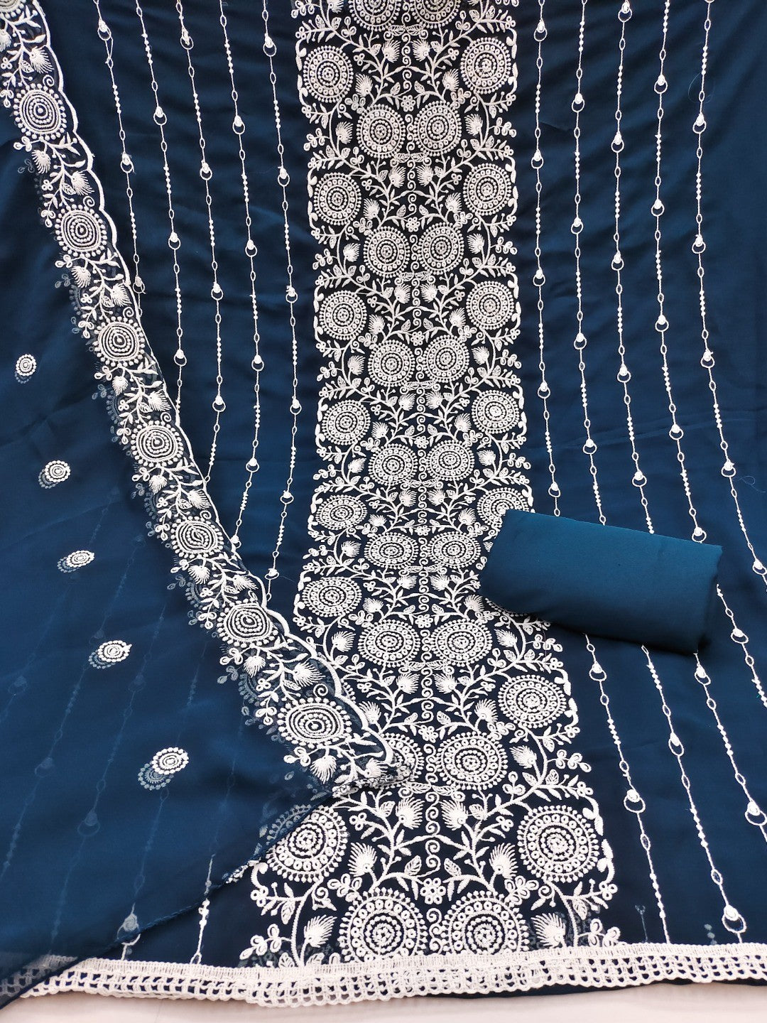 Elegant Blue Georgette Embroidered Unstitched Suit Material - Image 4