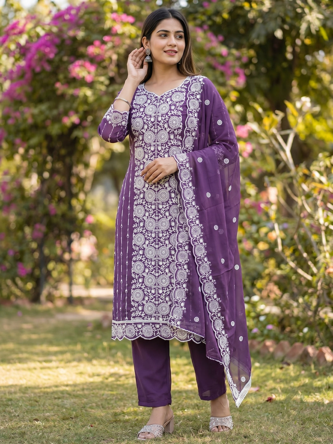 Elegant Purple Georgette Embroidered Unstitched Suit Material - Image 2