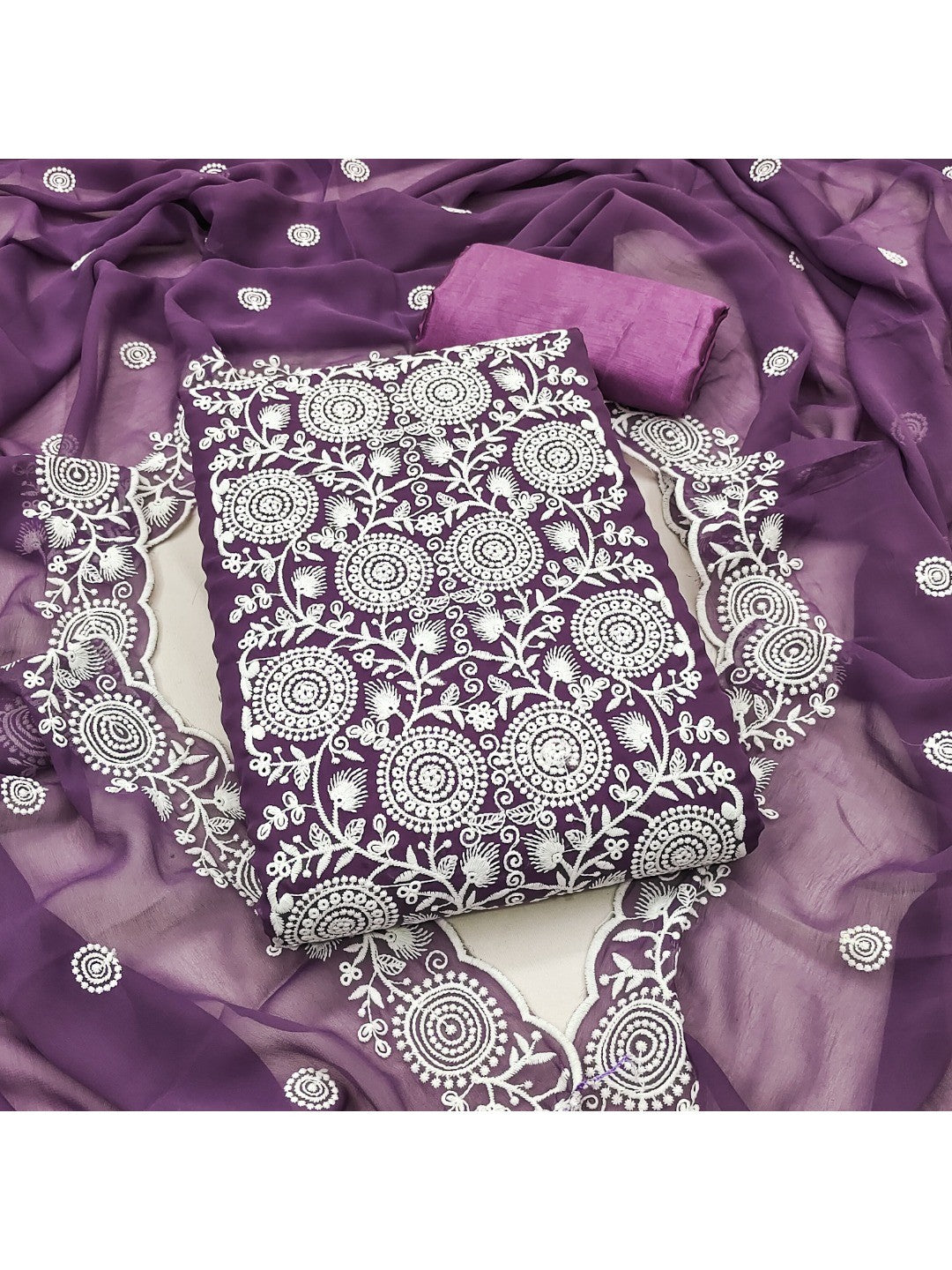 Elegant Purple Georgette Embroidered Unstitched Suit Material - Image 1