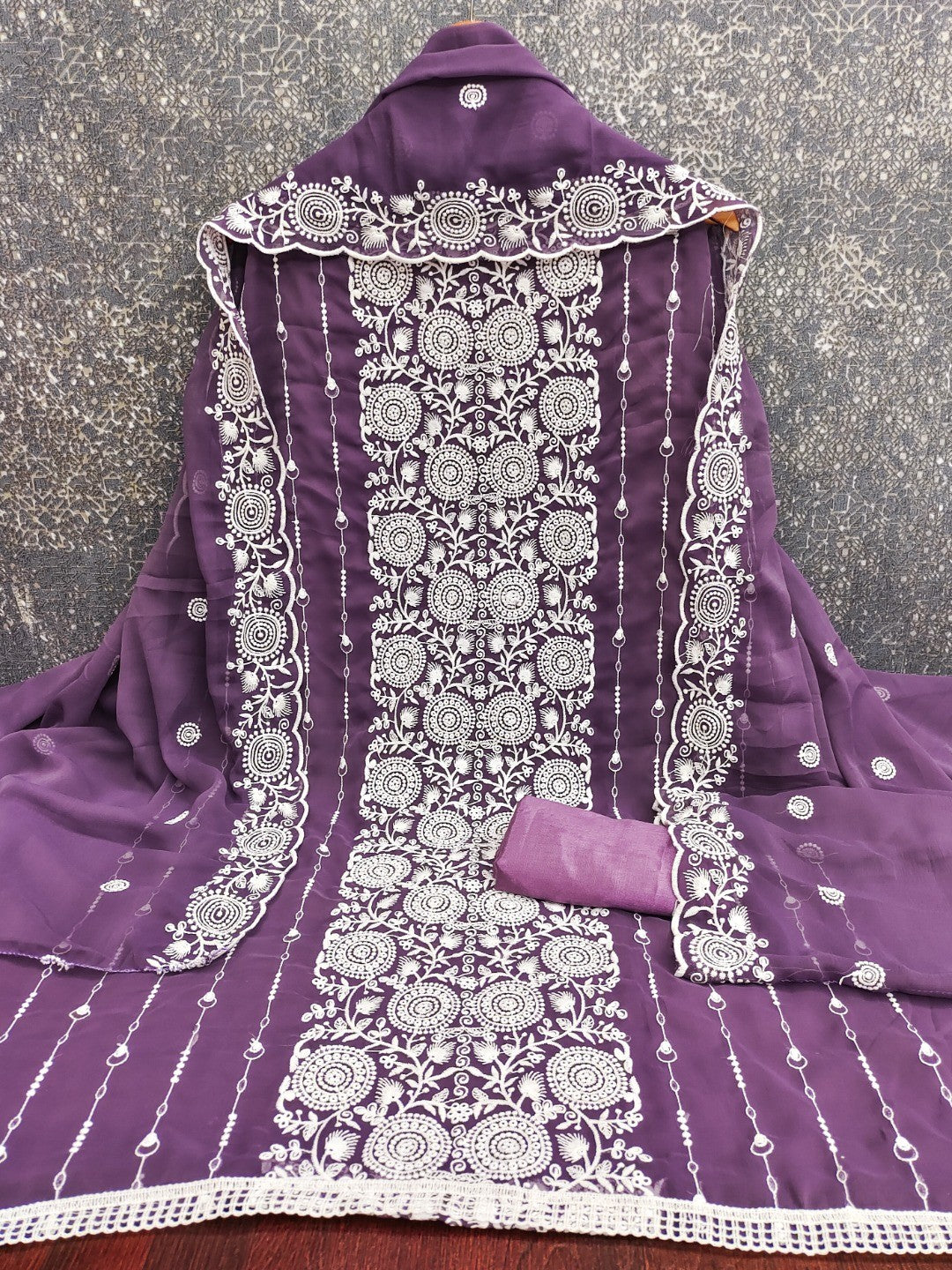 Elegant Purple Georgette Embroidered Unstitched Suit Material - Image 4
