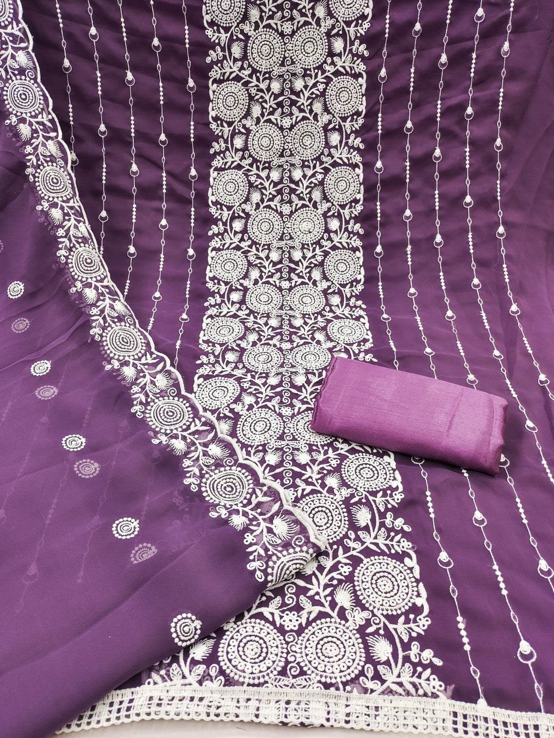 Elegant Purple Georgette Embroidered Unstitched Suit Material - Image 3