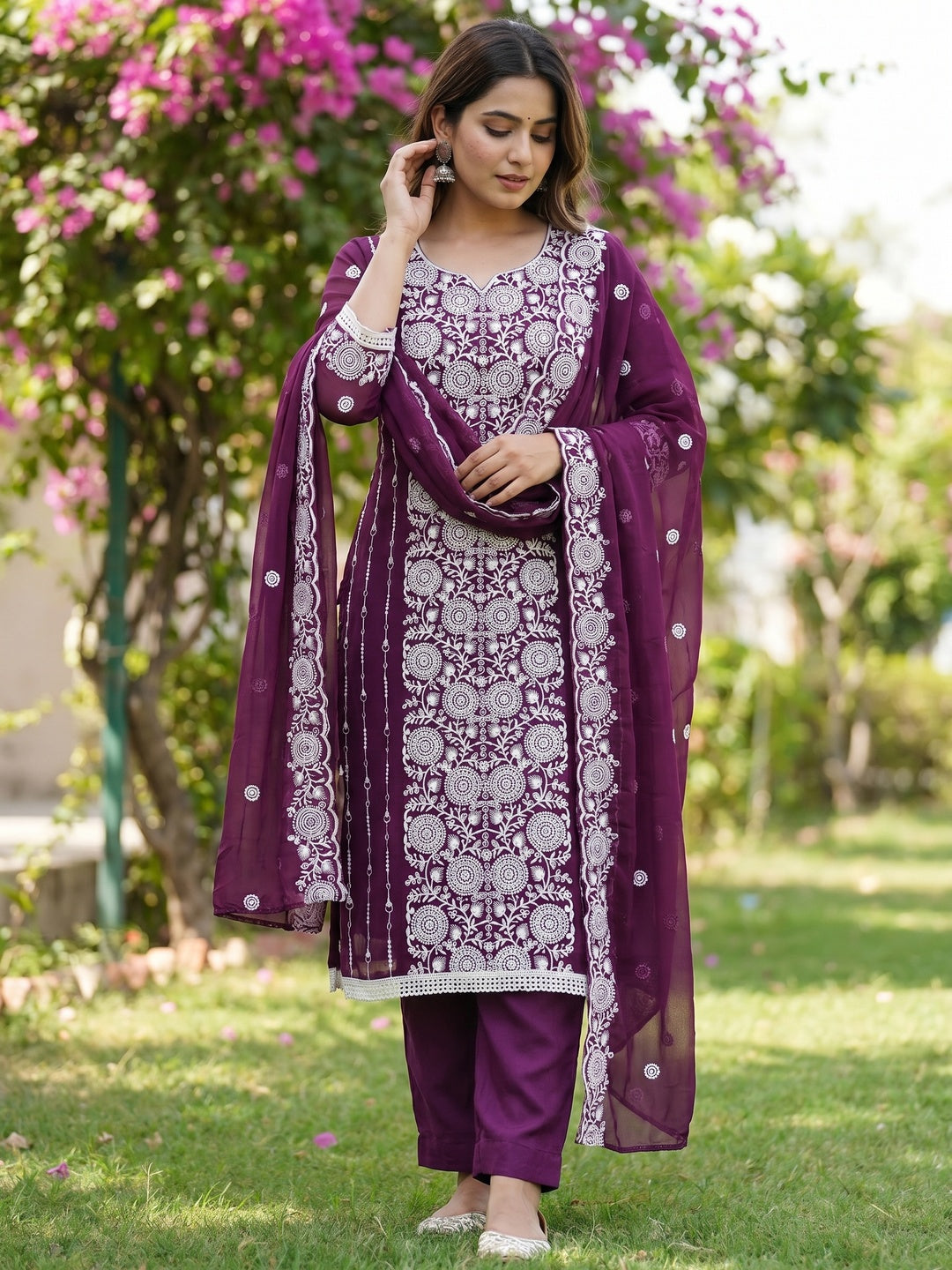 Elegant Wine Georgette Embroidered Unstitched Suit Material - Image 2