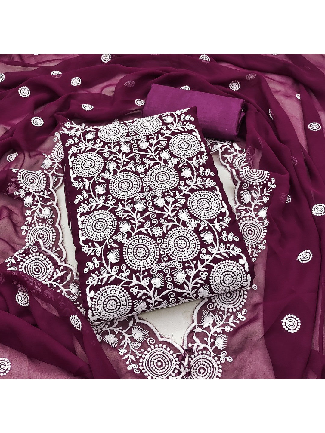 Elegant Wine Georgette Embroidered Unstitched Suit Material - Image 1