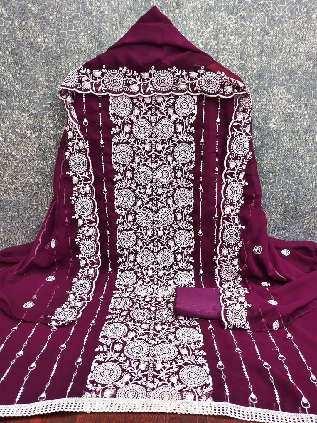 Elegant Wine Georgette Embroidered Unstitched Suit Material - Image 3
