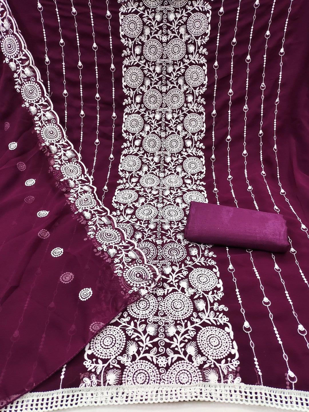 Elegant Wine Georgette Embroidered Unstitched Suit Material - Image 4
