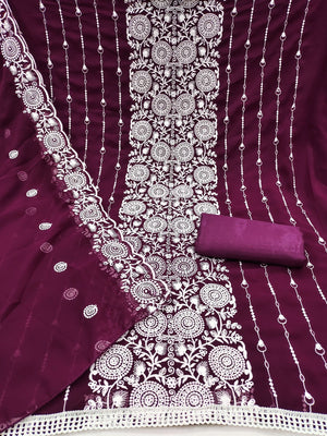 Elegant Wine Georgette Embroidered Unstitched Suit Material - Image 2
