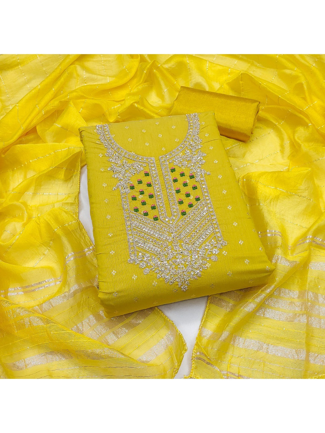 Elegant Yellow Jacquard Dress Material with Embroidered Neckline - Image 1