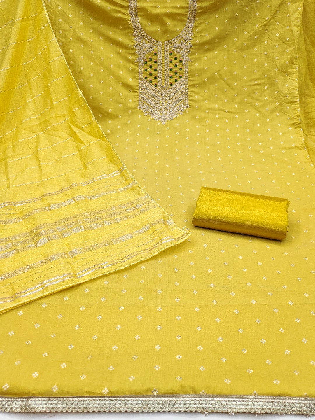 Elegant Yellow Jacquard Dress Material with Embroidered Neckline - Image 4