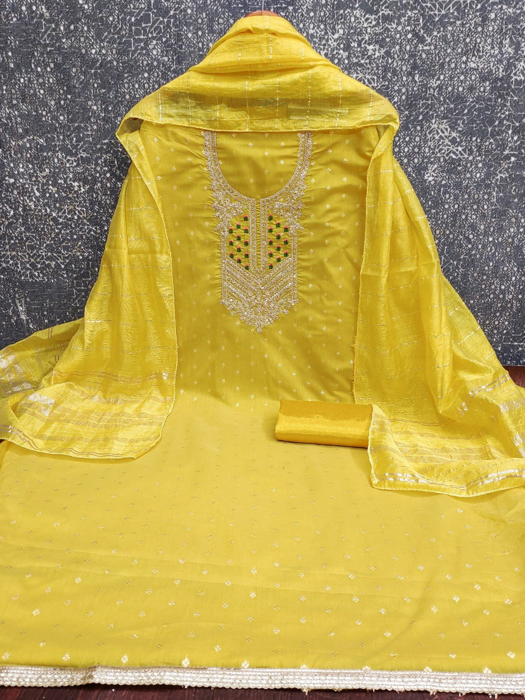 Elegant Yellow Jacquard Dress Material with Embroidered Neckline - Image 3