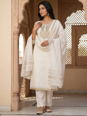 Elegant White Jacquard Dress Material with Embroidered Neckline - Image 2
