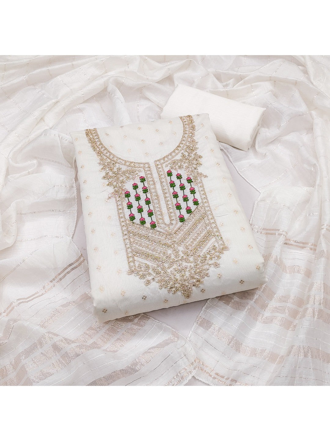 Elegant White Jacquard Dress Material with Embroidered Neckline - Image 4