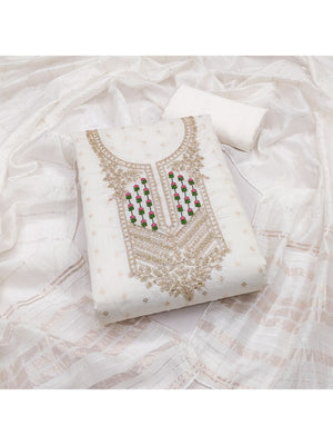 Elegant White Jacquard Dress Material with Embroidered Neckline - Image 1