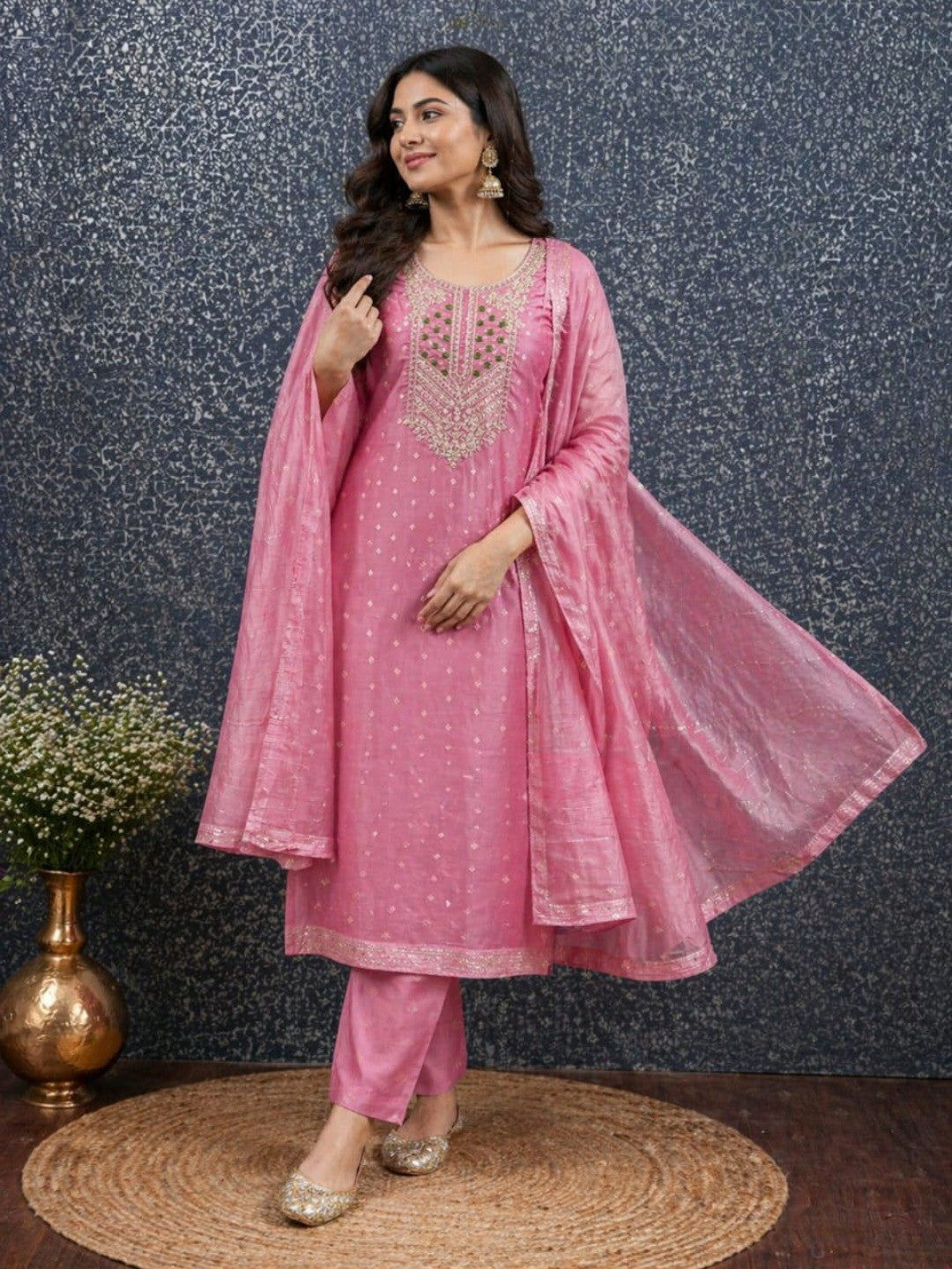 Elegant Pink Jacquard Dress Material with Embroidered Neckline - Image 2