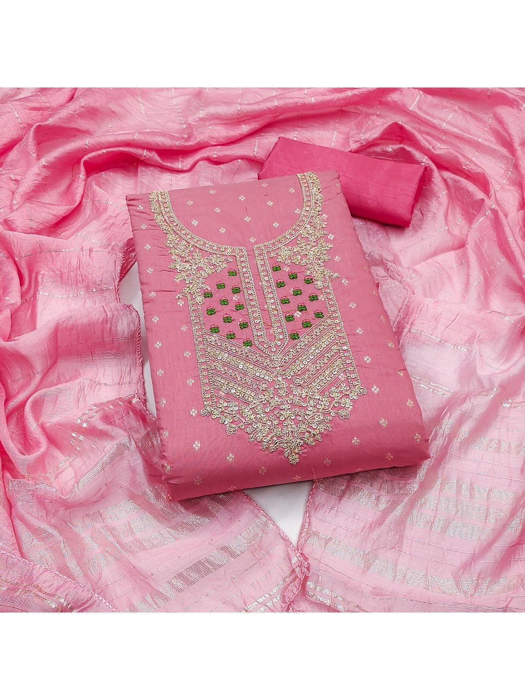 Elegant Pink Jacquard Dress Material with Embroidered Neckline - Image 1