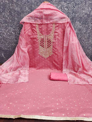 Elegant Pink Jacquard Dress Material with Embroidered Neckline - Image 2