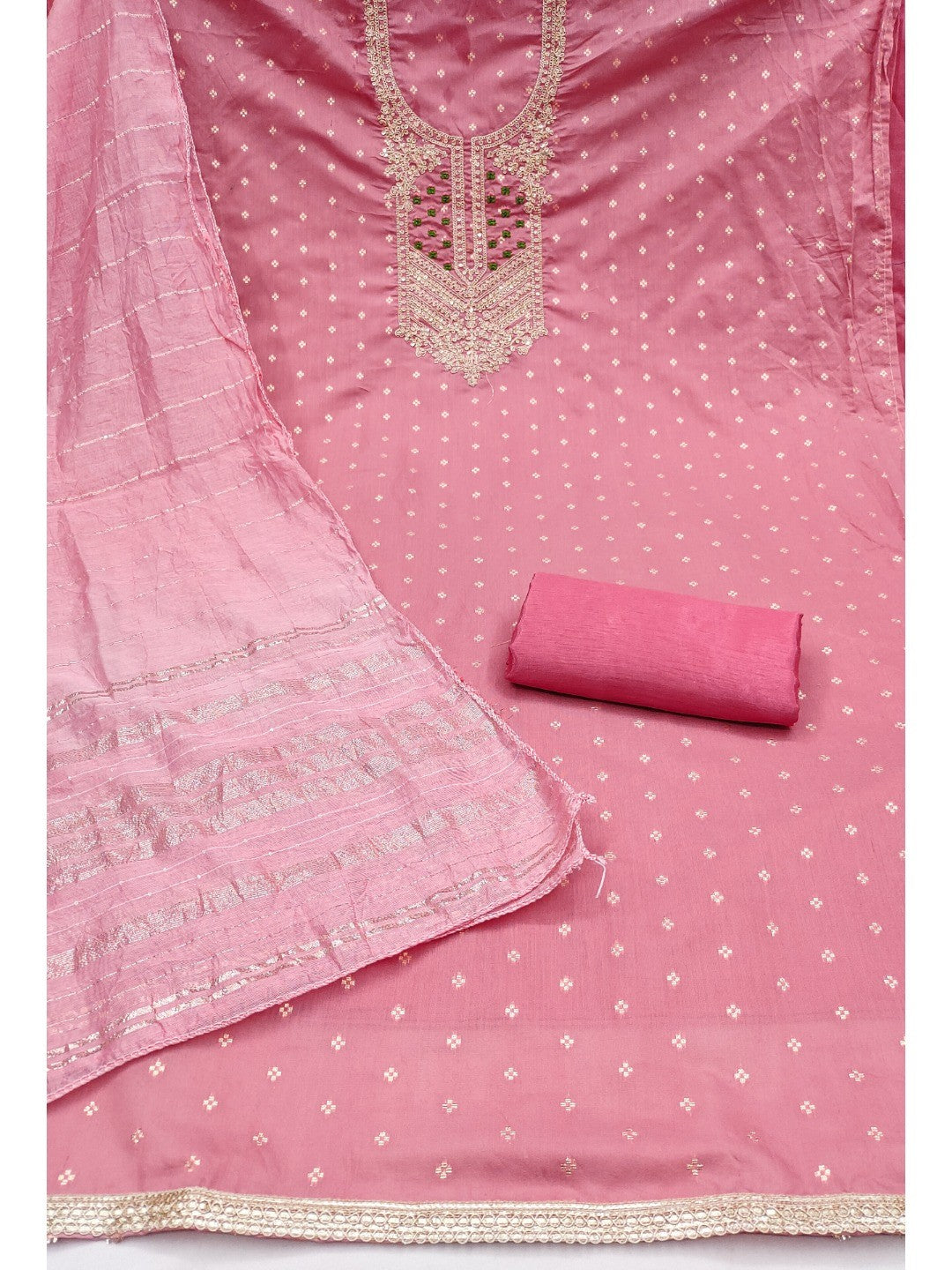 Elegant Pink Jacquard Dress Material with Embroidered Neckline - Image 3