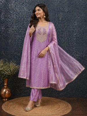 Elegant Purple Jacquard Dress Material with Embroidered Neckline - Image 1
