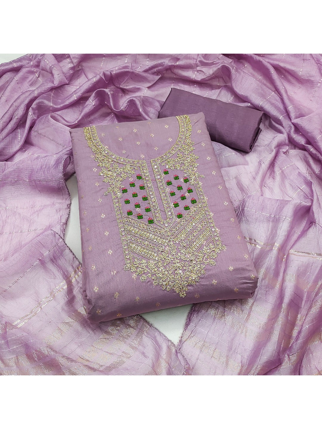 Elegant Purple Jacquard Dress Material with Embroidered Neckline - Image 1