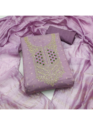 Elegant Purple Jacquard Dress Material with Embroidered Neckline - Image 1